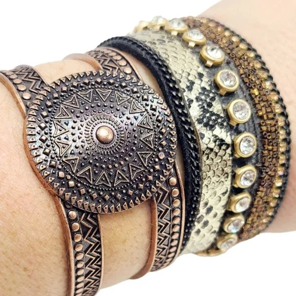 Behind meets steampunk bracelet duo brown copper rhinestones snake print - Picture 3 of 4